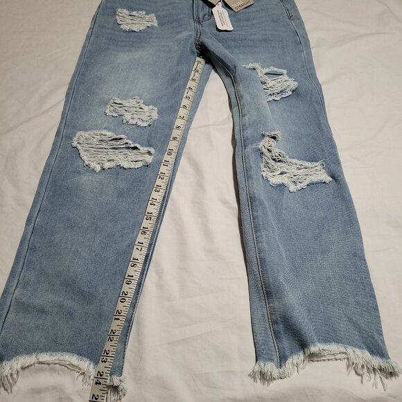 New High Rise Straight Leg Distressed Jeans Slim Fit Recycled Repreve Raw Hem 26 - Picture 8 of 10